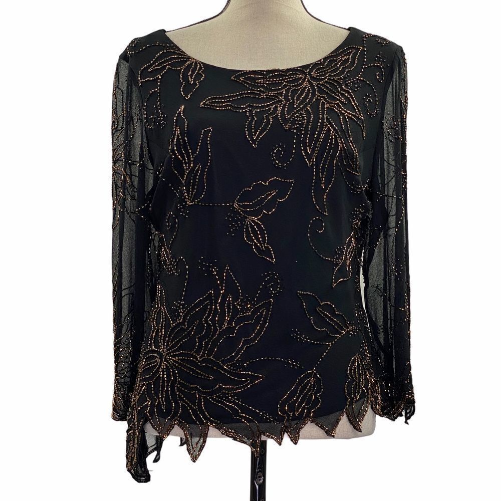 J Kara NY Floral Beaded Cheer Chiffon Blouse Large